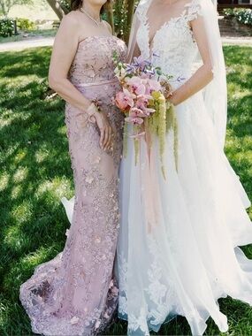Montage Mon Cherie Blush Lace Strapless formal dress.